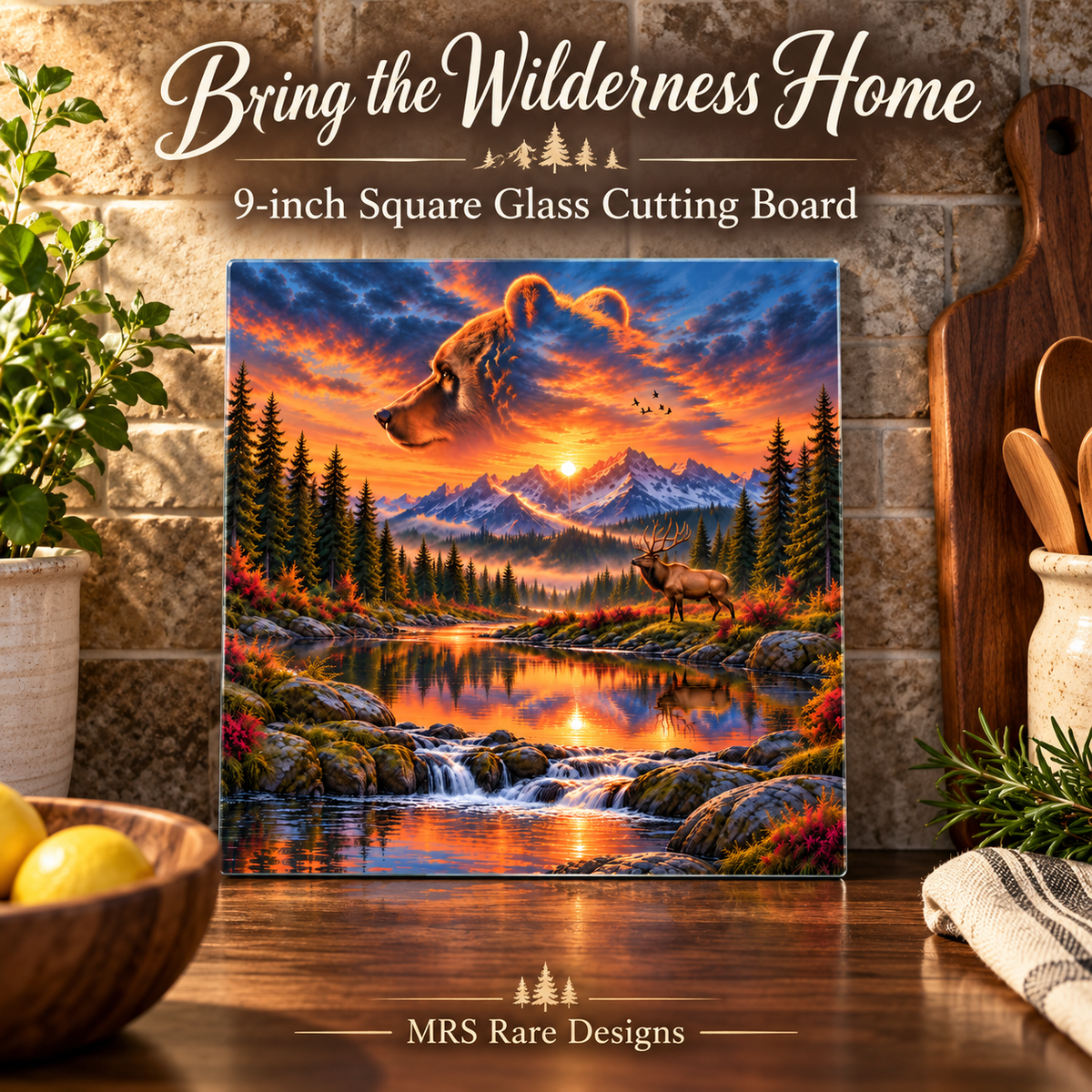 Bear Valley Sunset 9-Inch Square Glass Cutting Board