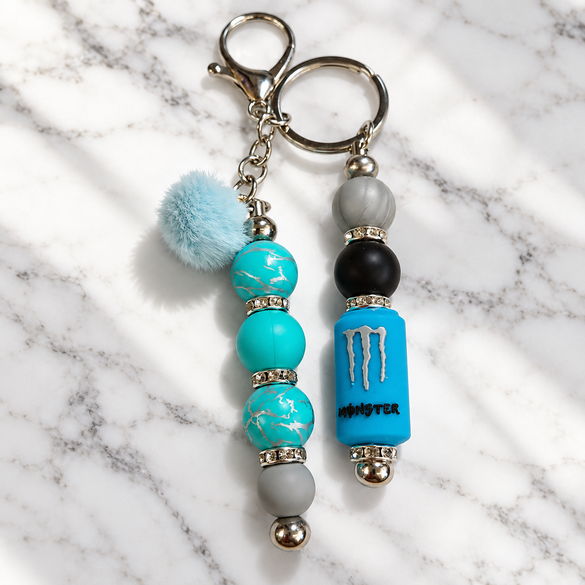 Blue Energy Drink Beaded Keychain with Pom Pom