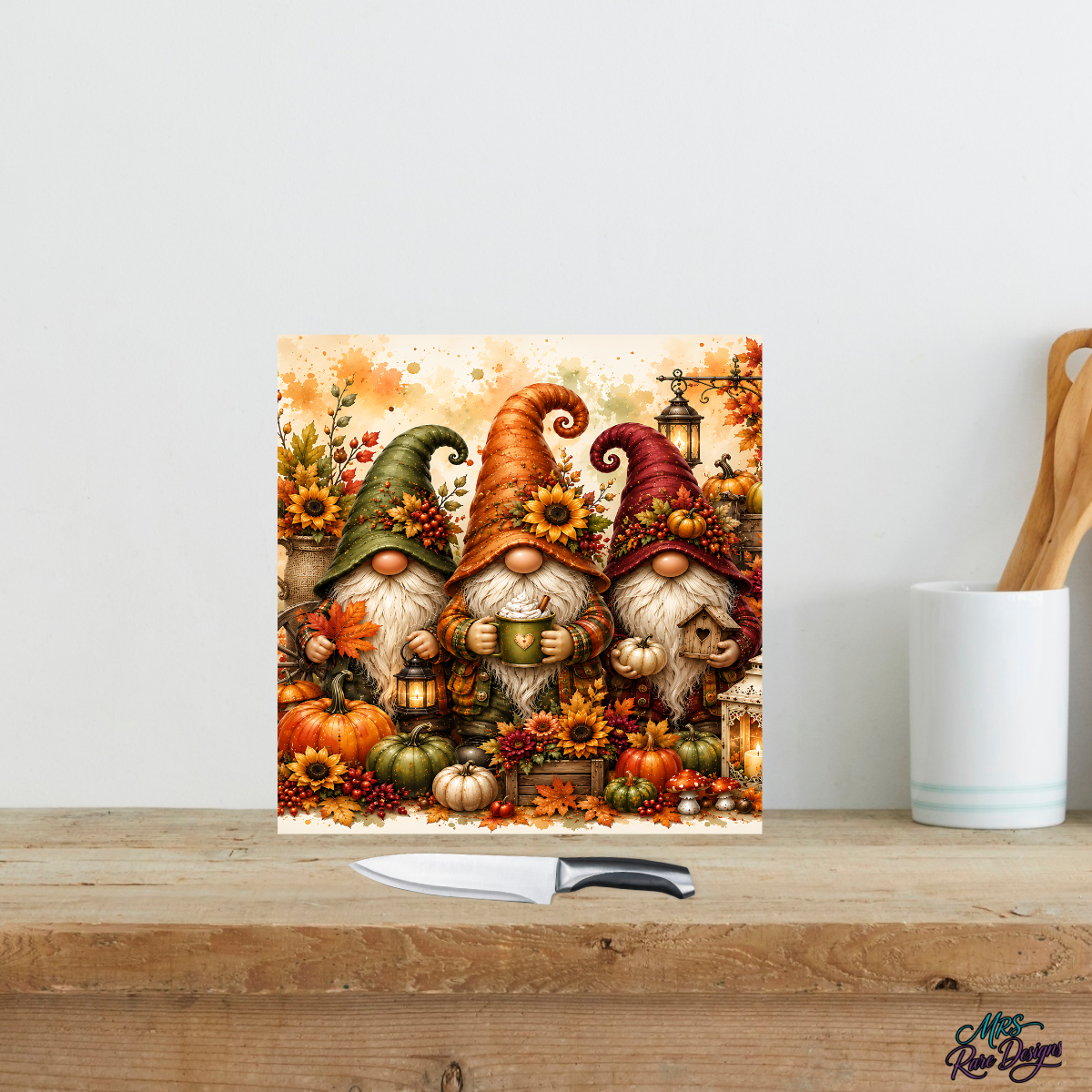 Cozy Autumn Gnomes Square Glass Cutting Board