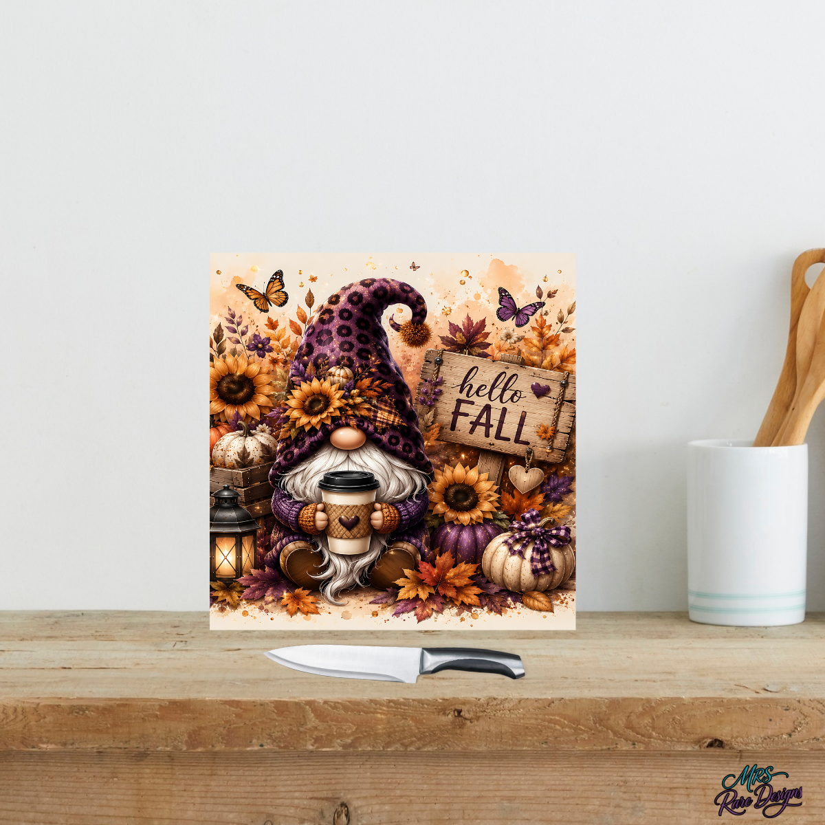 Purple Leopard Print Gnome "Hello Fall" Square Glass Cutting Board