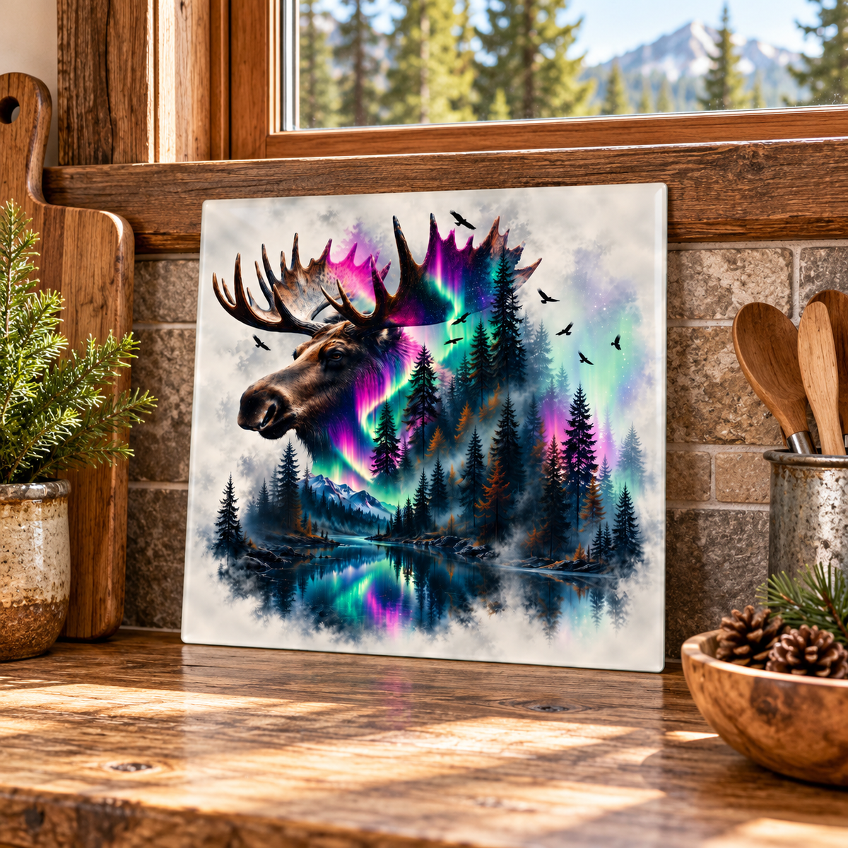 Northern Majesty Moose Square Glass Cutting Board – 9 Inch