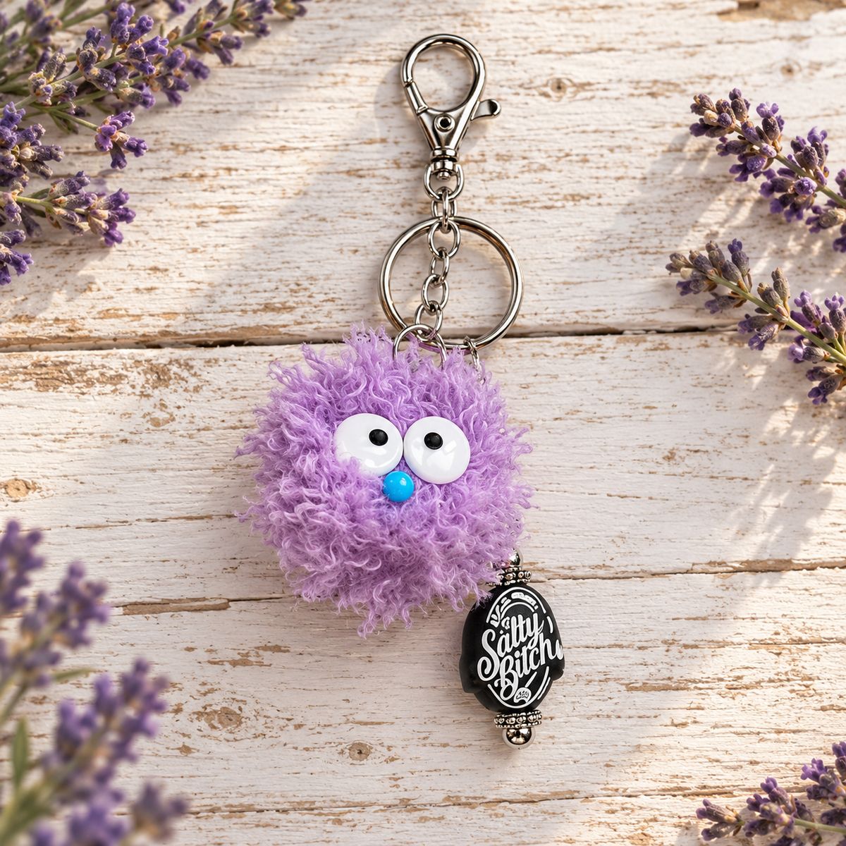Fuzzy Purple Monster Keychain with Charm