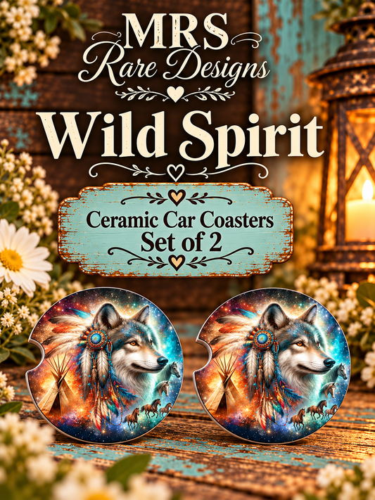Wild Spirit Wolf Ceramic Car Coasters – Set of 2