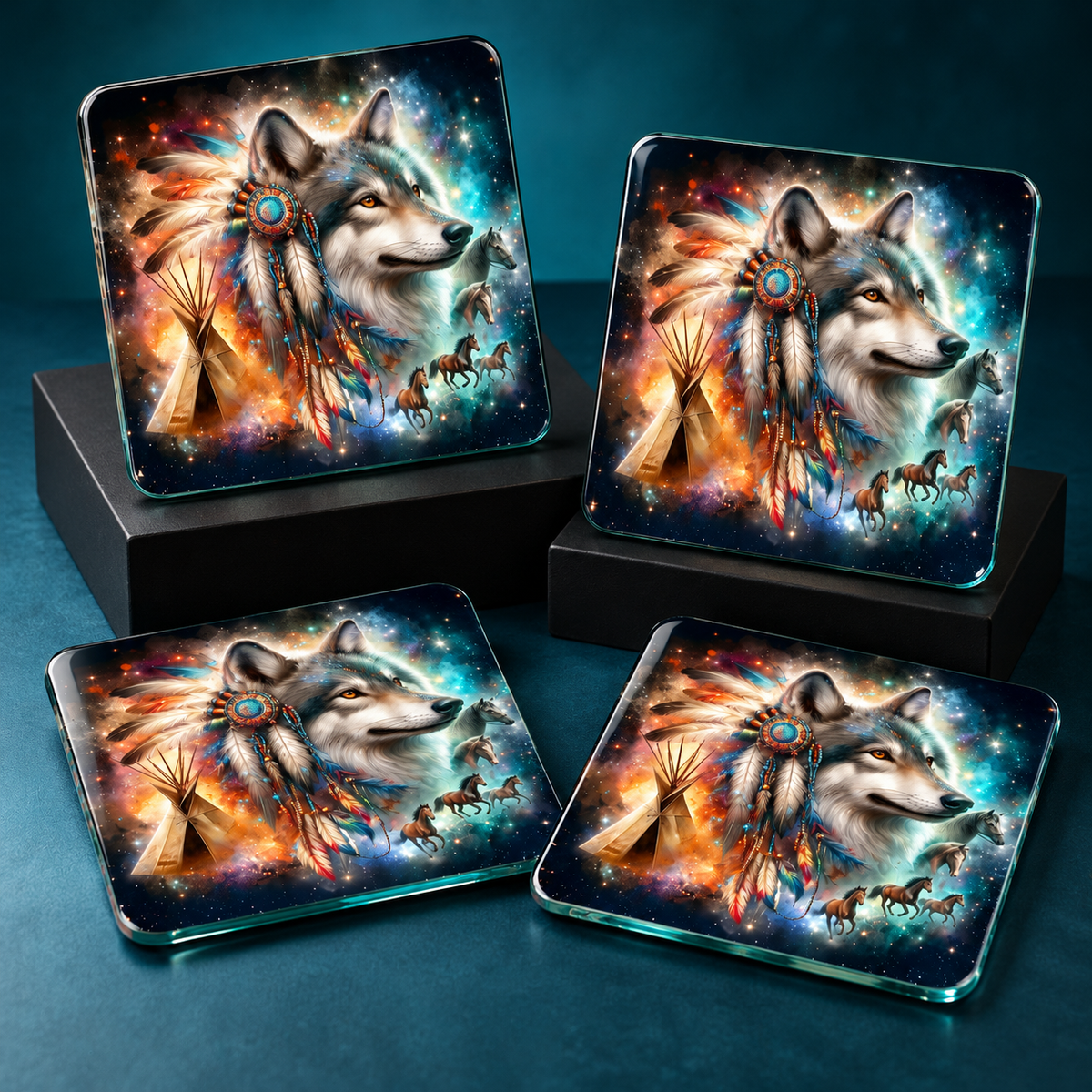 Wild Spirit Wolf Glass Coasters – Set of 4