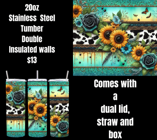 Sunflower and Cow Print 20oz Stainless Steel Tumbler