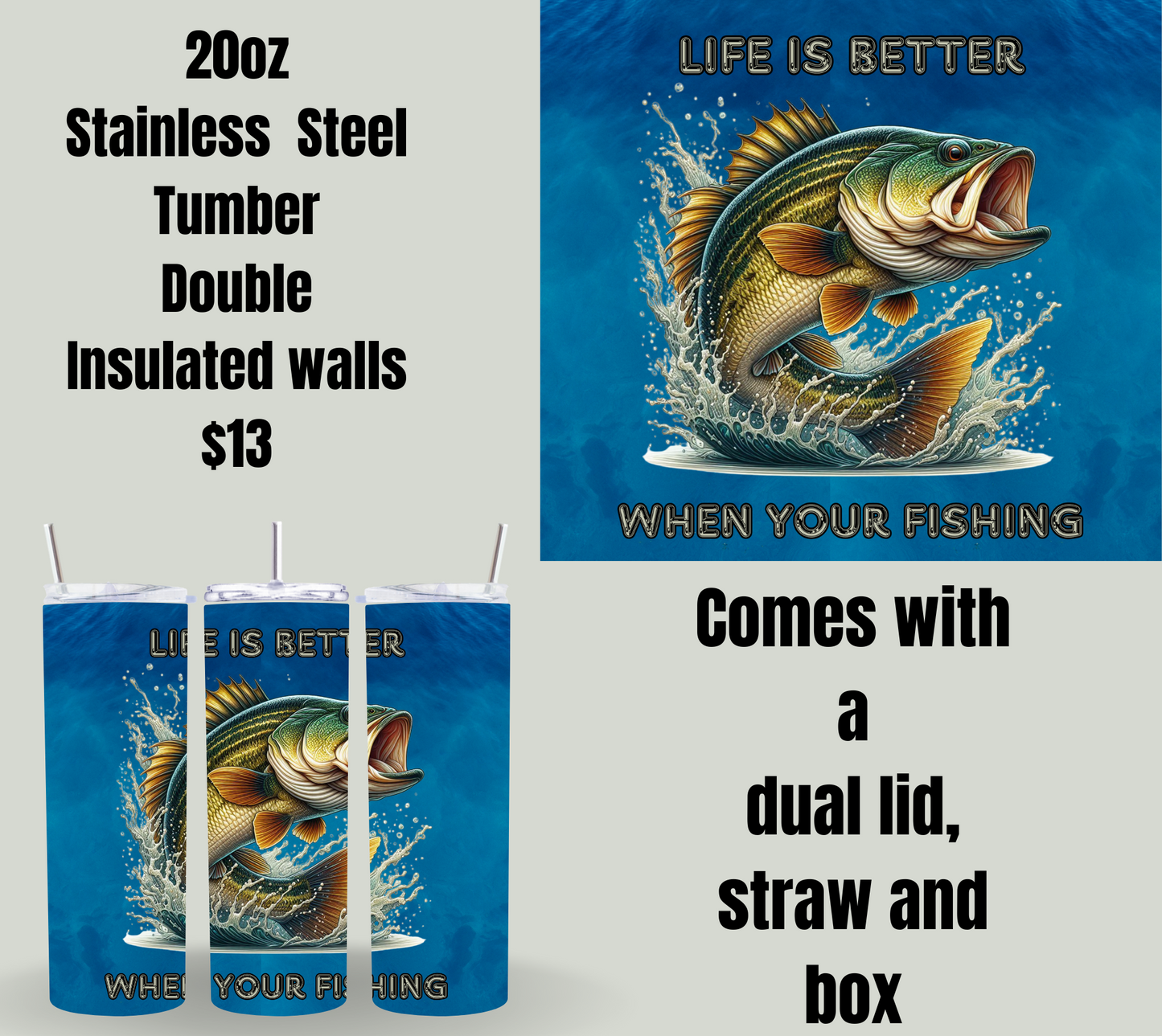 20oz Stainless Steel Tumbler - Fishing Design