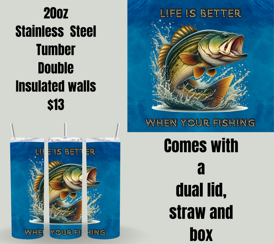 20oz Stainless Steel Tumbler - Fishing Design