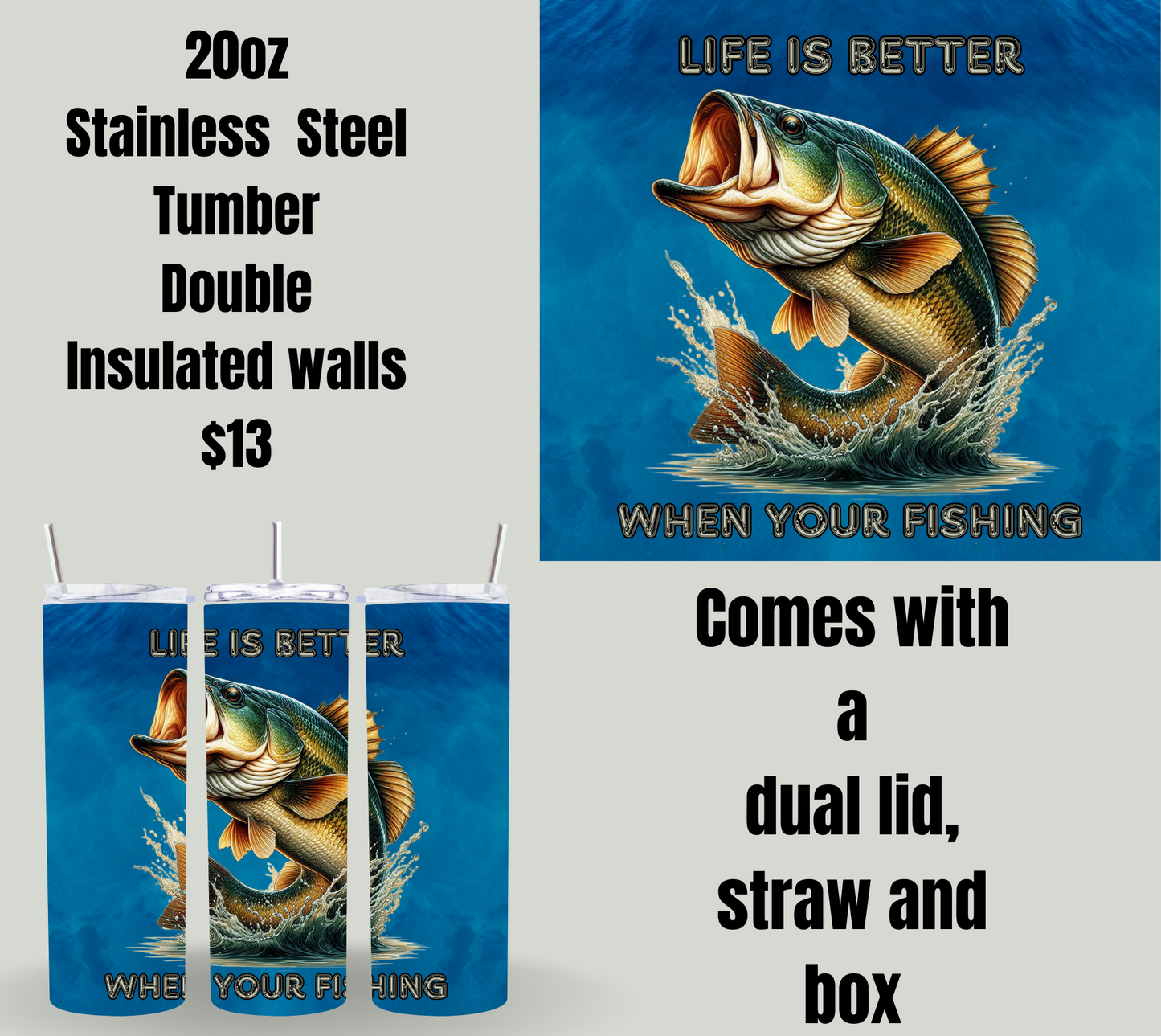 20oz Stainless Steel Tumbler - Fishing Design