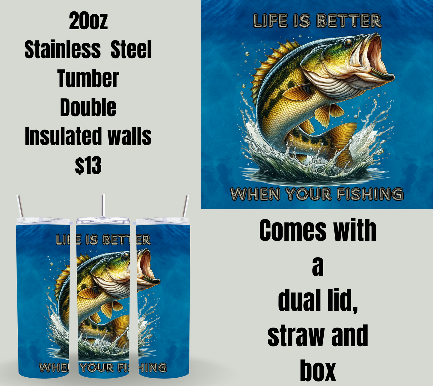 20oz Stainless Steel Tumbler - Fishing Design