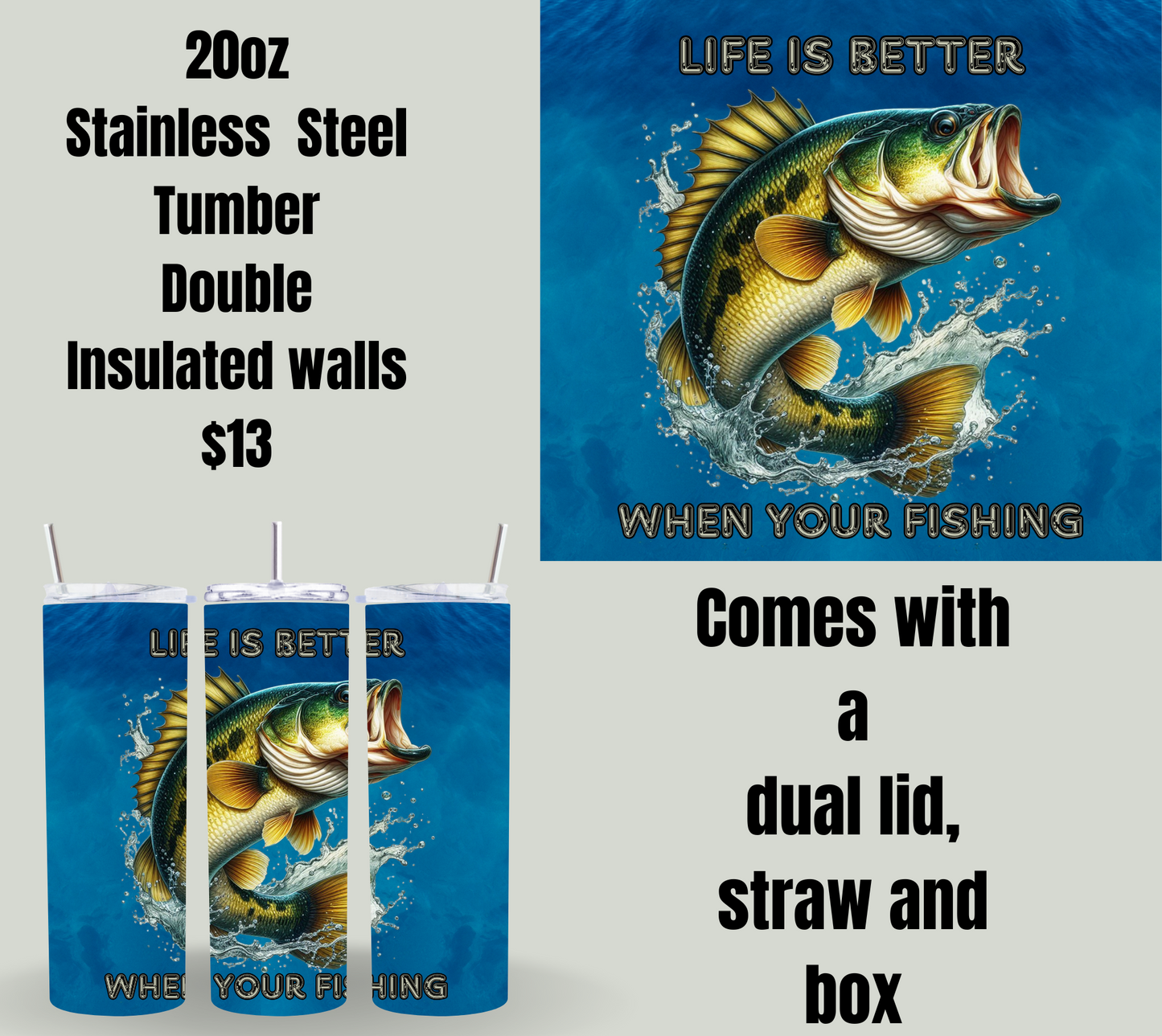 20oz Stainless Steel Tumbler - Fishing Design