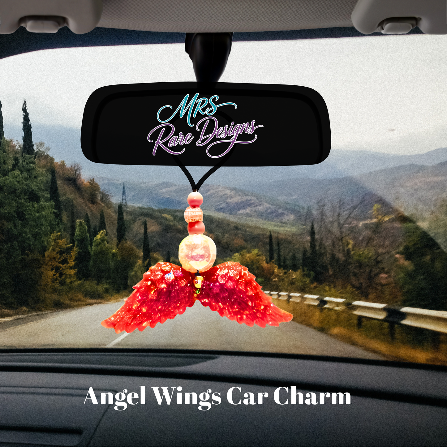 Pink Angel Wings Car Charm – Guardian Angel Rearview Mirror Décor with Sparkle Beads