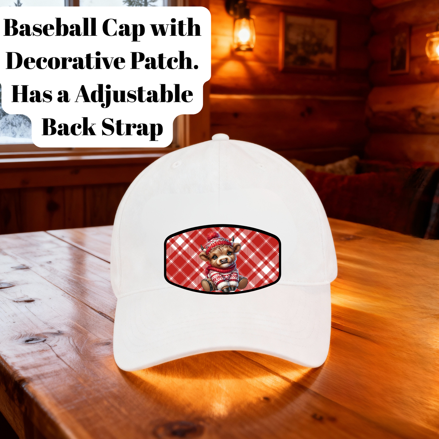 Highland Cow Plaid Patch Baseball Cap – Adjustable Unisex Hat with Cozy Country Charm