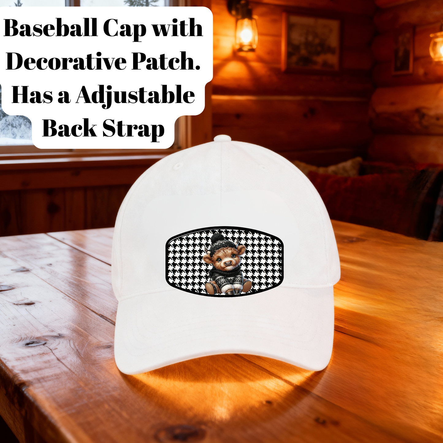 Highland Cow Plaid Patch Baseball Cap – Adjustable Unisex Hat with Cozy Country Charm