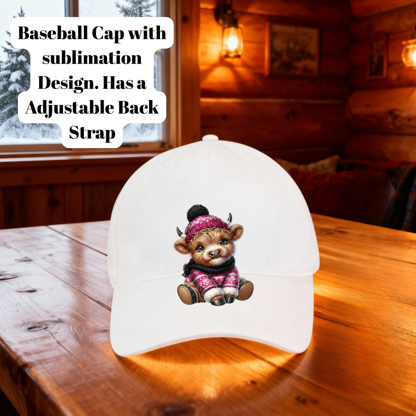 Highland Cow Baseball Cap – Cute Rustic Sublimation Hat with Adjustable Back Strap (Multiple Colors Available)