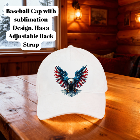 Patriotic Eagle Wings Baseball Cap – American Flag Sublimation Hat with Adjustable Back Strap