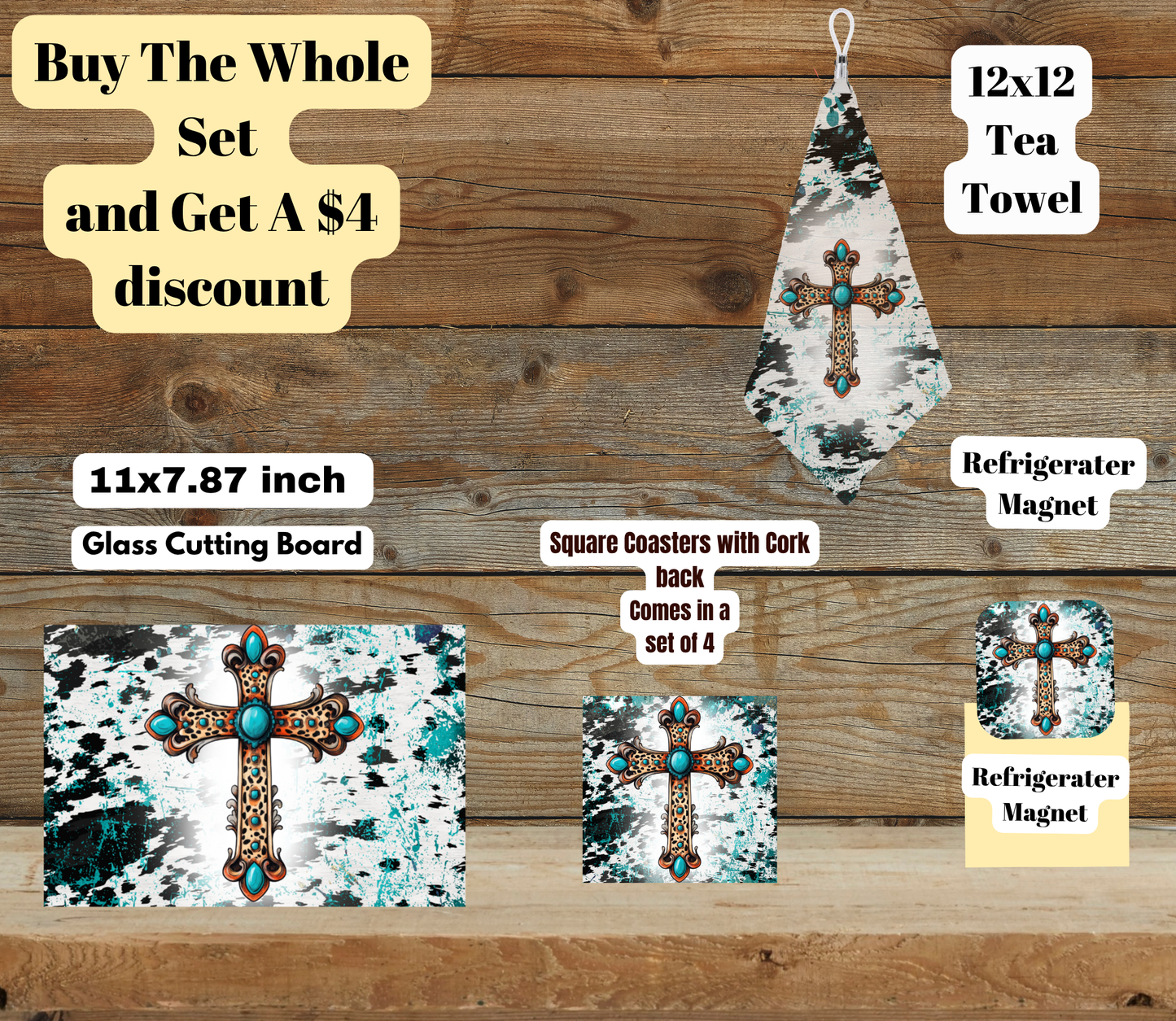 Rustic Turquoise Cross Home Set (Glass Cutting Board, 4-Pc Coasters, 12×12 Tea Towel, Fridge Magnet)