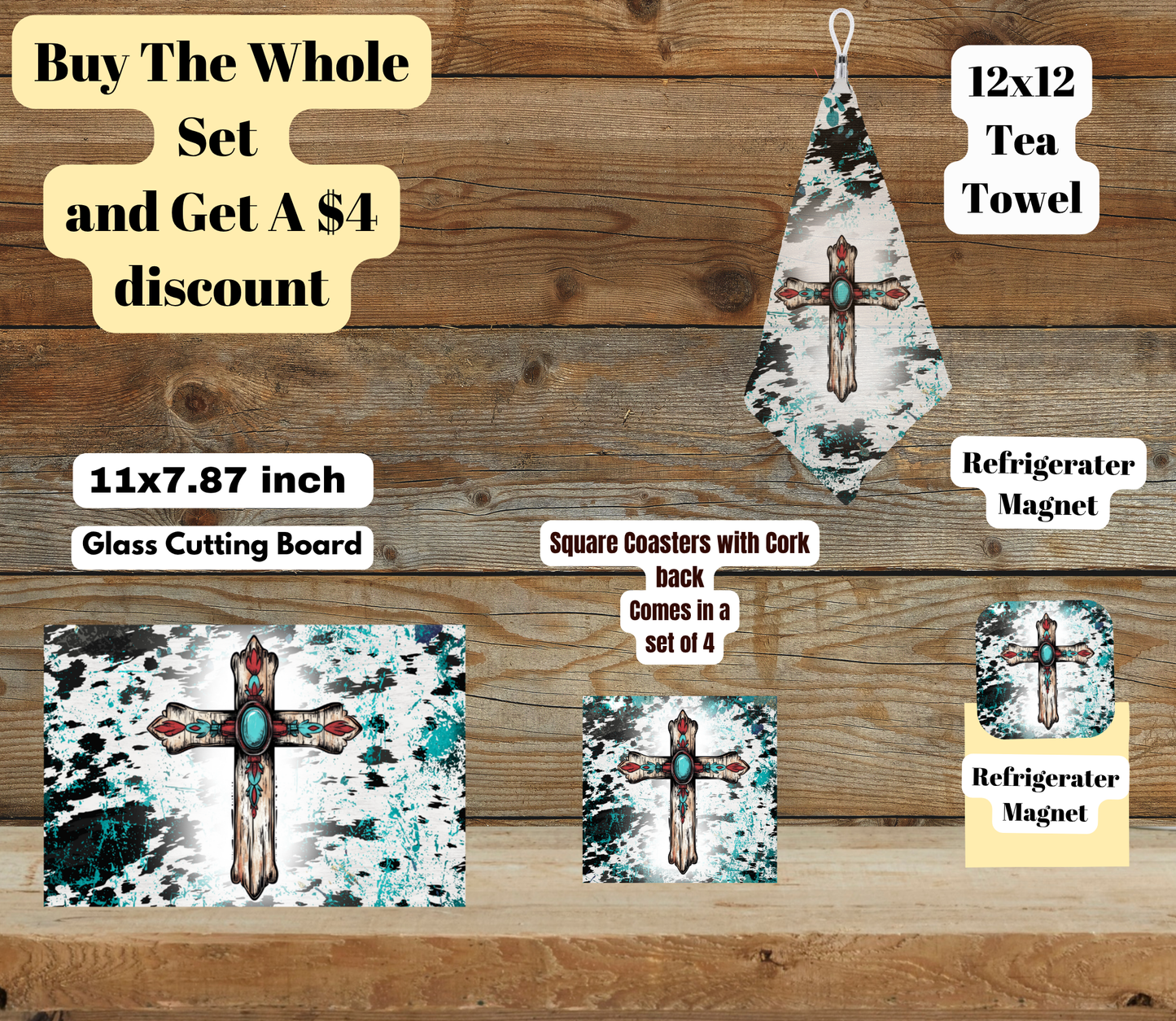 Rustic Turquoise Cross Home Set (Glass Cutting Board, 4-Pc Coasters, 12×12 Tea Towel, Fridge Magnet)
