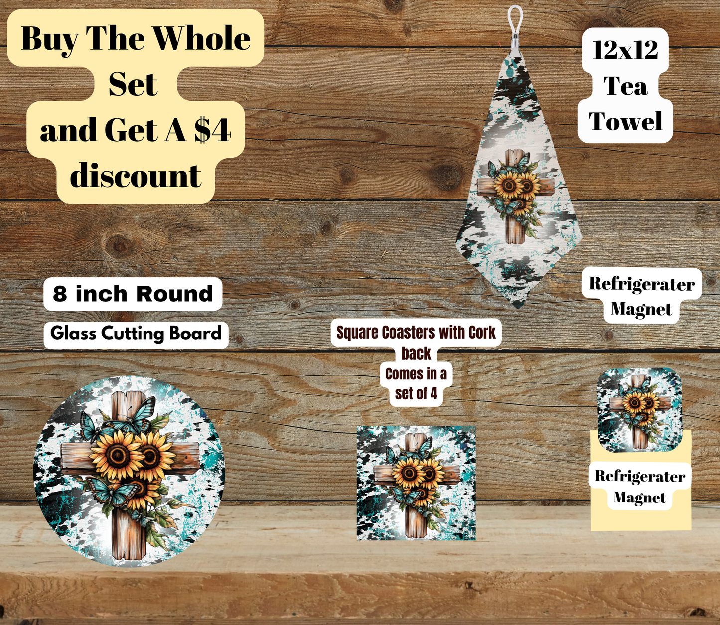 Rustic Turquoise Cross Kitchen Set — 8" Round Board Edition (Coasters, 12×12 Tea Towel, Fridge Magnet)