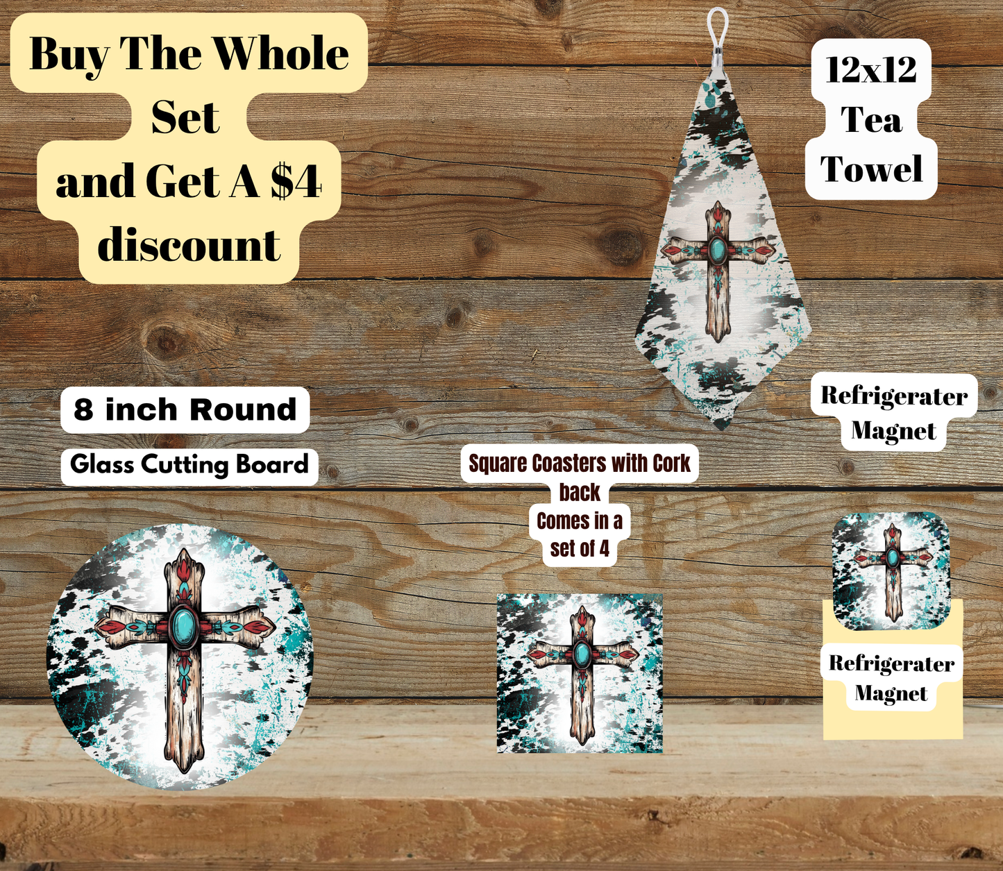 Rustic Turquoise Cross Kitchen Set — 8" Round Board Edition (Coasters, 12×12 Tea Towel, Fridge Magnet)