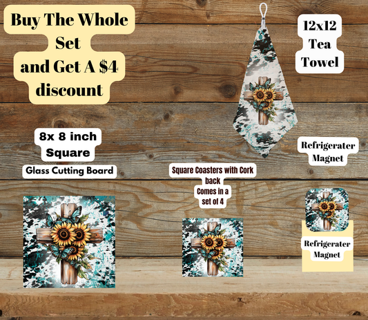 Rustic Turquoise Cross Kitchen Set (8×8 Glass Board, 4-Pc Coasters, 12×12 Tea Towel, Fridge Magnet)
