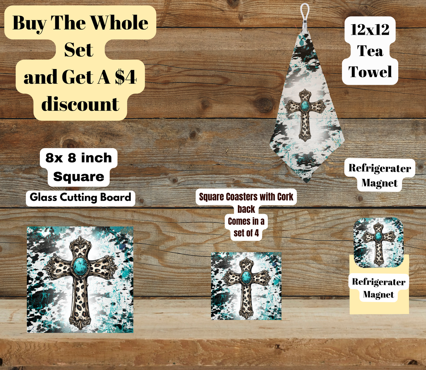 Rustic Turquoise Cross Kitchen Set (8×8 Glass Board, 4-Pc Coasters, 12×12 Tea Towel, Fridge Magnet)