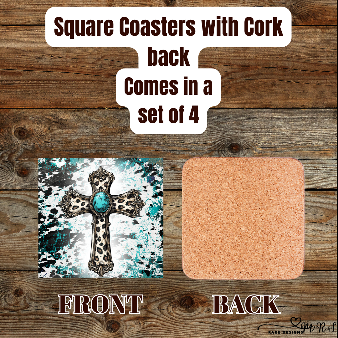 Coasters – Set of 4 Cork-Backed – Rustic Turquoise Cross