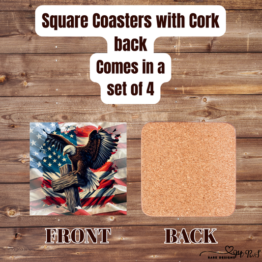 Patriotic Eagle Square Coaster Set – Cork Back (Set of 4)