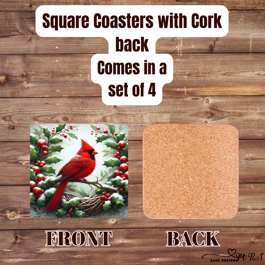 Cardinal & Holly Cork-Back Coasters — Square Set of 4