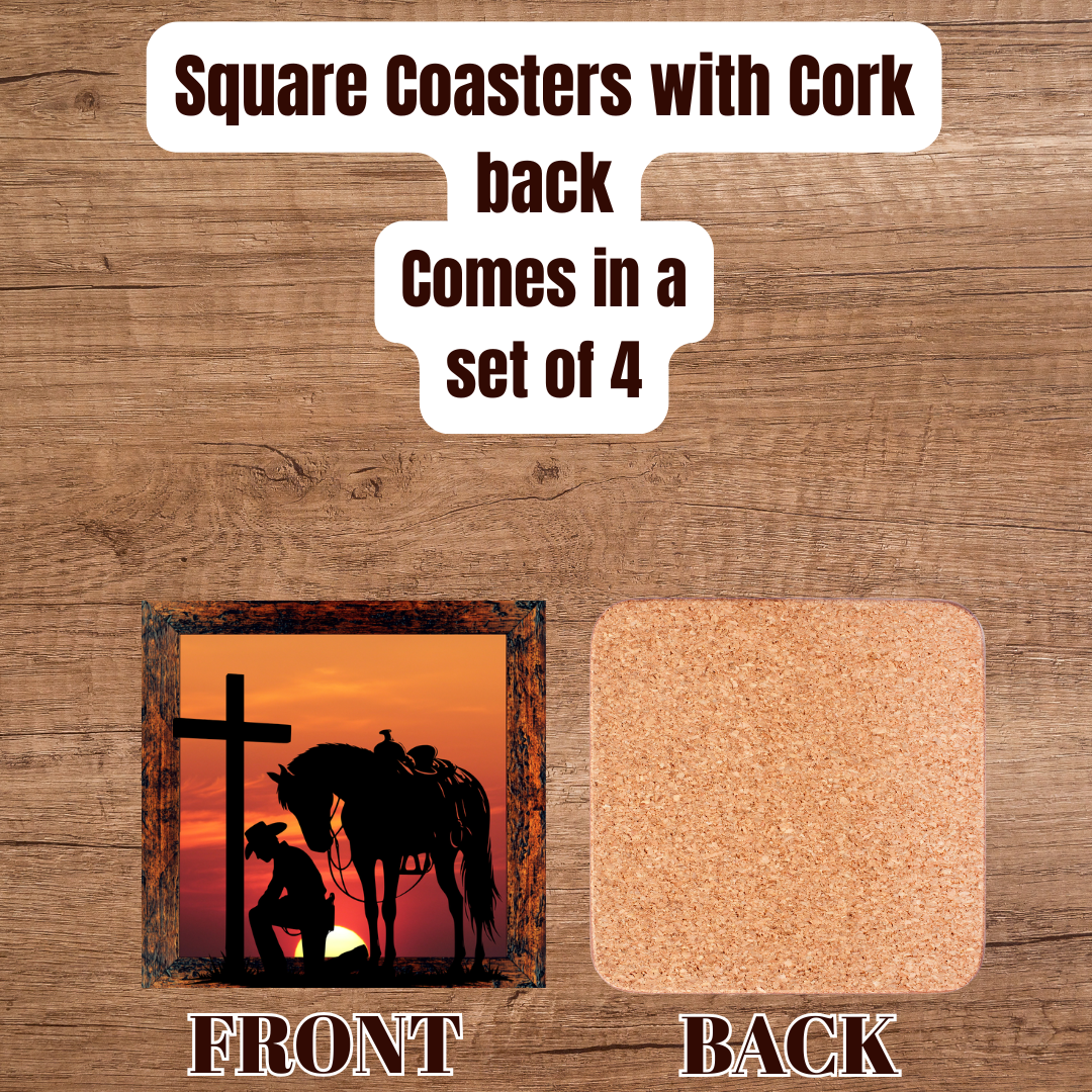Cowboy’s Prayer at Sunset — Square Cork-Back Coaster Set (4-Pack)