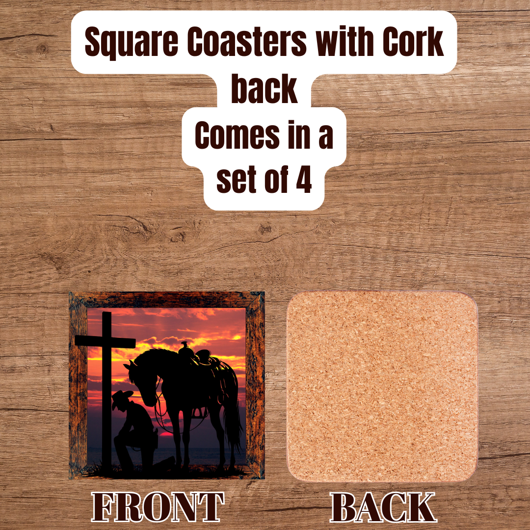 Cowboy’s Prayer at Sunset — Square Cork-Back Coaster Set (4-Pack)