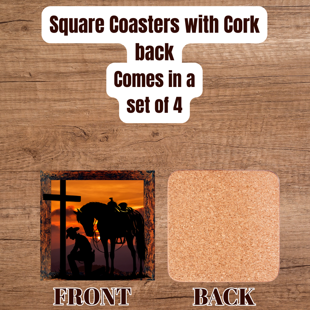 Cowboy’s Prayer at Sunset — Square Cork-Back Coaster Set (4-Pack)