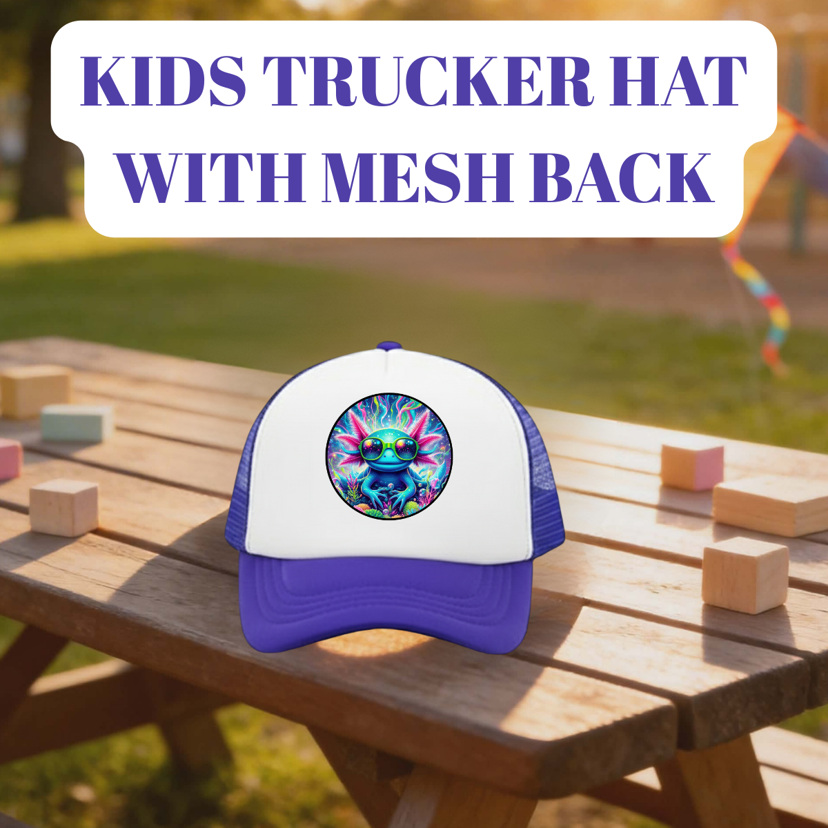 Kids axolotl trucker hat with mesh back. Breathable, adjustable, and colorful cap perfect for outdoor play and everyday wear.