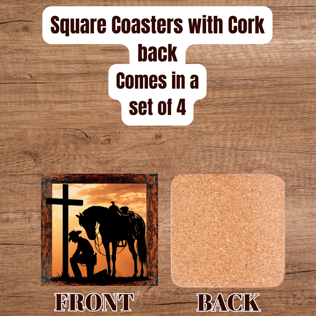 Cowboy’s Prayer at Sunset — Square Cork-Back Coaster Set (4-Pack)
