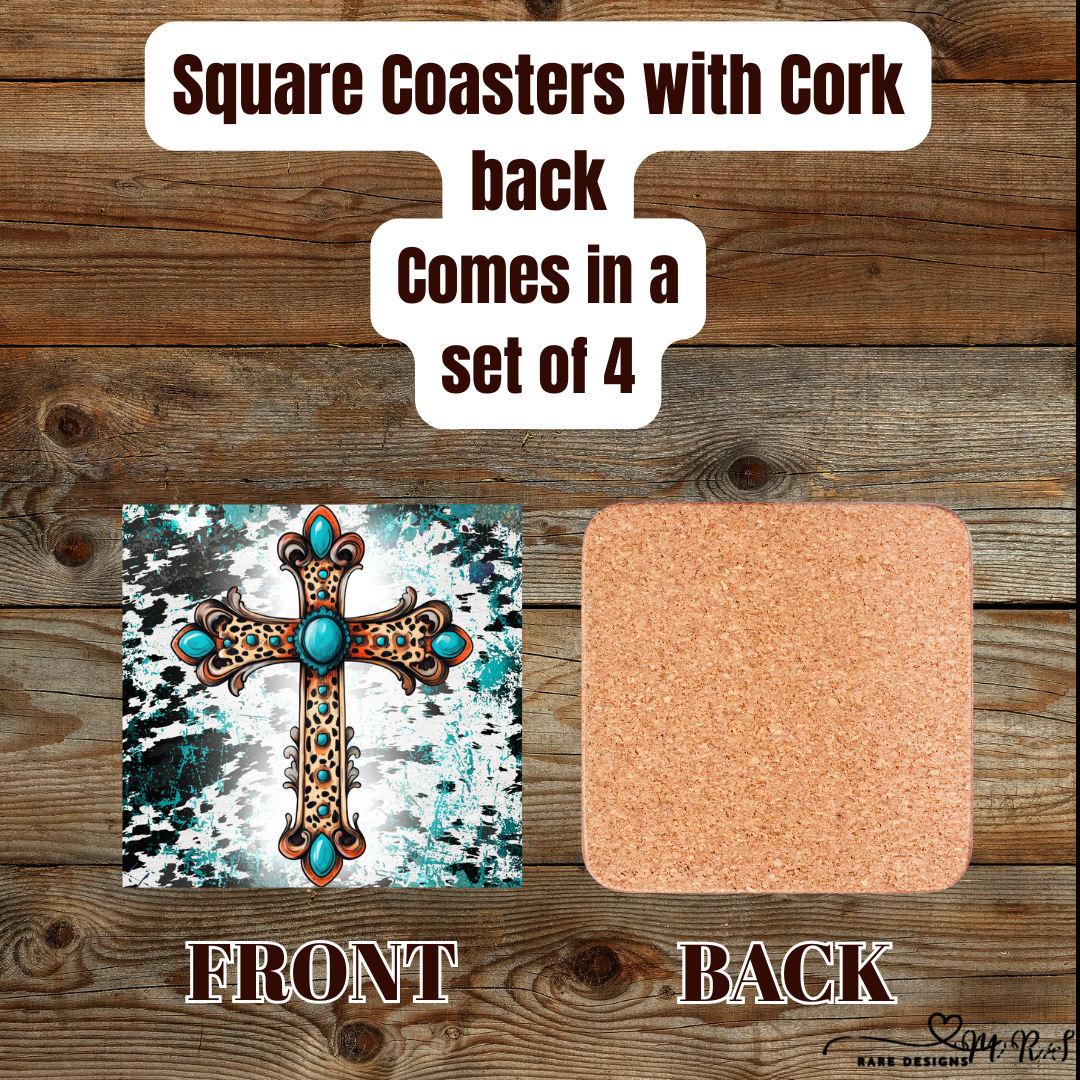 Coasters – Set of 4 Cork-Backed – Rustic Turquoise Cross