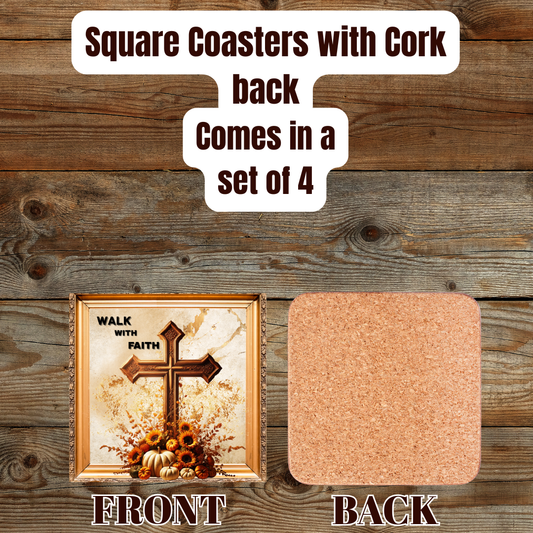 Walk With Faith Autumn Cross Coasters – Square Set of 4 with Cork Back
