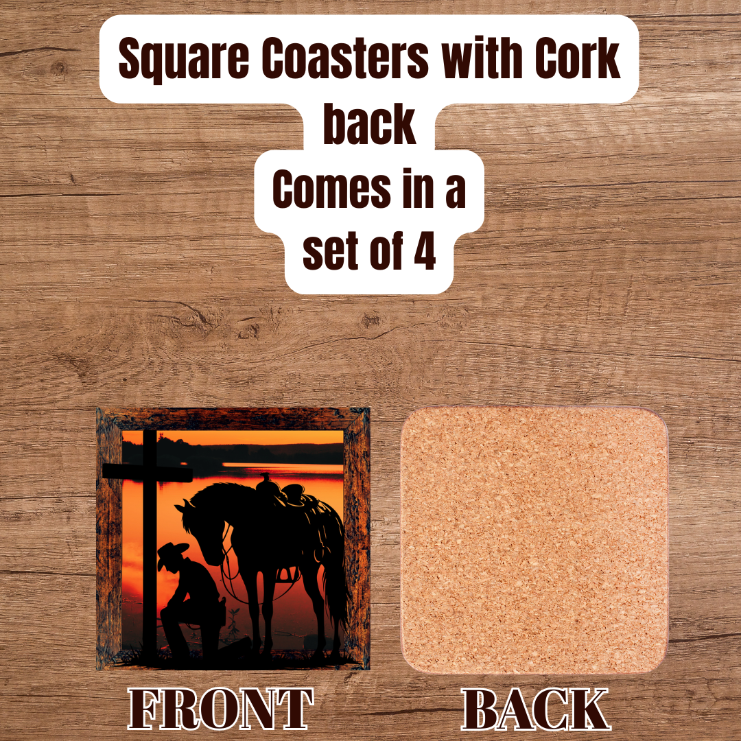 Cowboy’s Prayer at Sunset — Square Cork-Back Coaster Set (4-Pack)