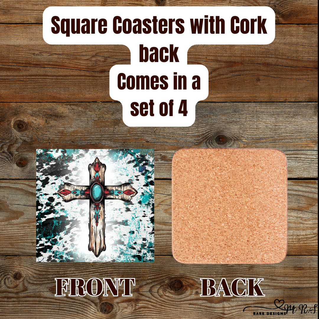 Coasters – Set of 4 Cork-Backed – Rustic Turquoise Cross