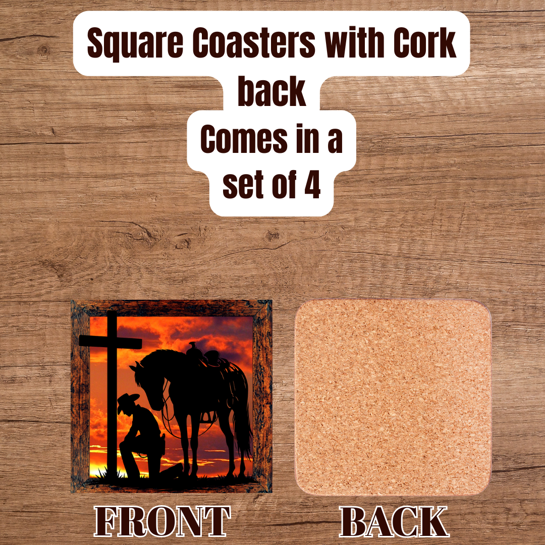 Cowboy’s Prayer at Sunset — Square Cork-Back Coaster Set (4-Pack)