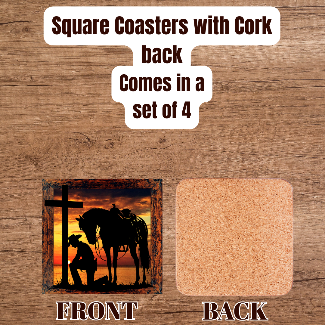 Cowboy’s Prayer at Sunset — Square Cork-Back Coaster Set (4-Pack)