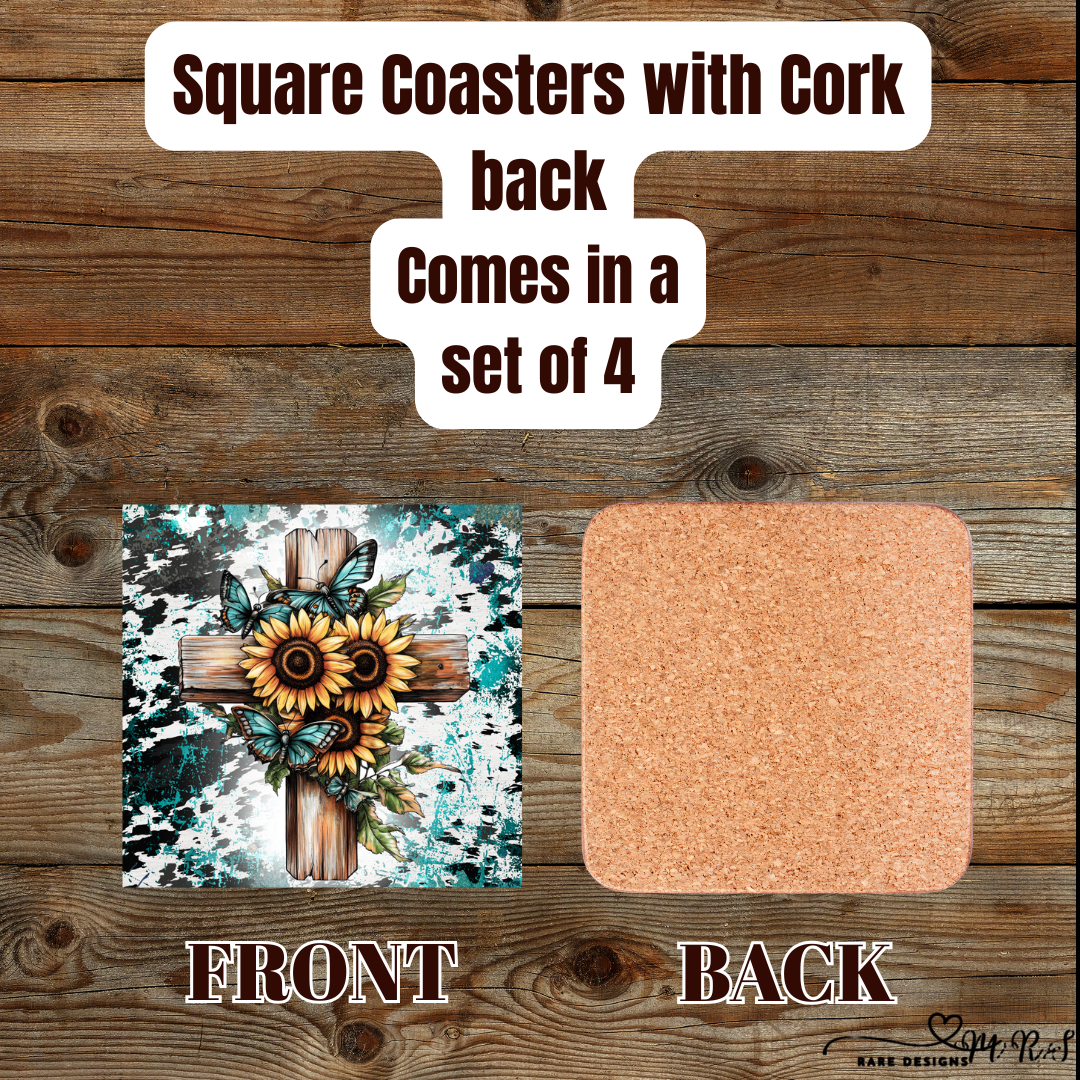 Coasters – Set of 4 Cork-Backed – Rustic Turquoise Cross