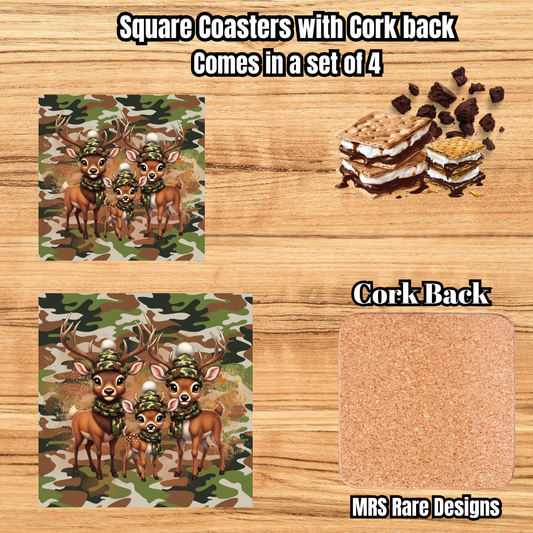 Camo Whitetail Family Cork-Back Coaster Set (Square)