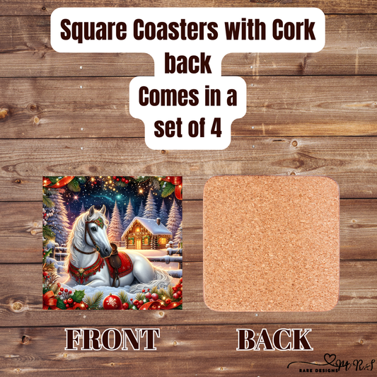 Winter Welcome Horse Cabin Coasters – Square Cork-Back Set of 4