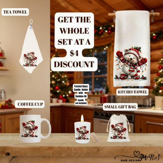 Christmas Kitchen Gift Set Collection – Holiday Bear & Red Cottage Designs (Towel, Mug, Gift Bag & Candle Holder)