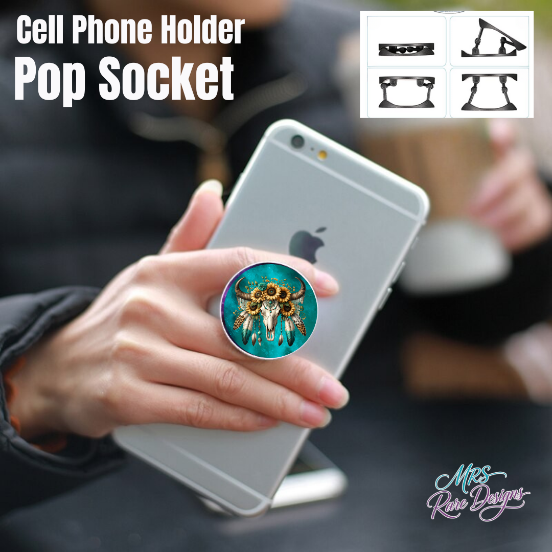 Boho Western Sunflower Steer Skull Pop Socket – Turquoise Floral Phone Grip & Stand