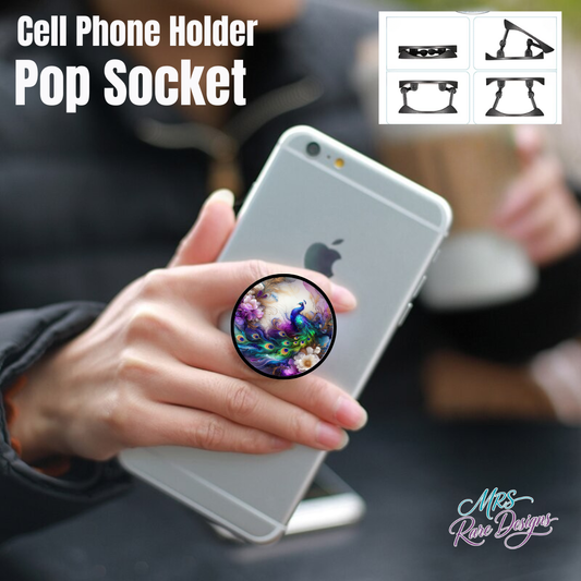 Peacock Elegance Pop Socket – Artistic Phone Grip & Stand with Floral Peacock Design