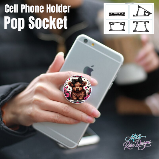 Highland Cow Pop Socket Collection – Double-Sided Floral Cell Phone Holder with Adjustable Grip (Blue, Pink, Teal, Rose & Purple Designs)