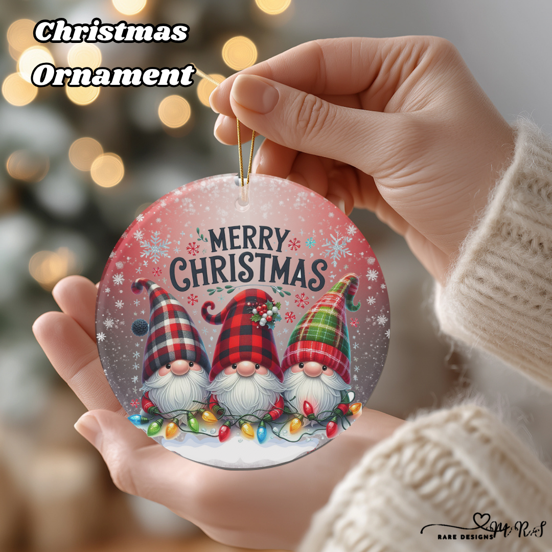 Plaid Hat Gnomes “Merry Christmas” Round Ornament — Holiday Keepsake