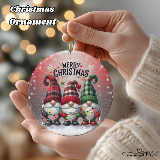 Plaid Hat Gnomes “Merry Christmas” Round Ornament — Holiday Keepsake