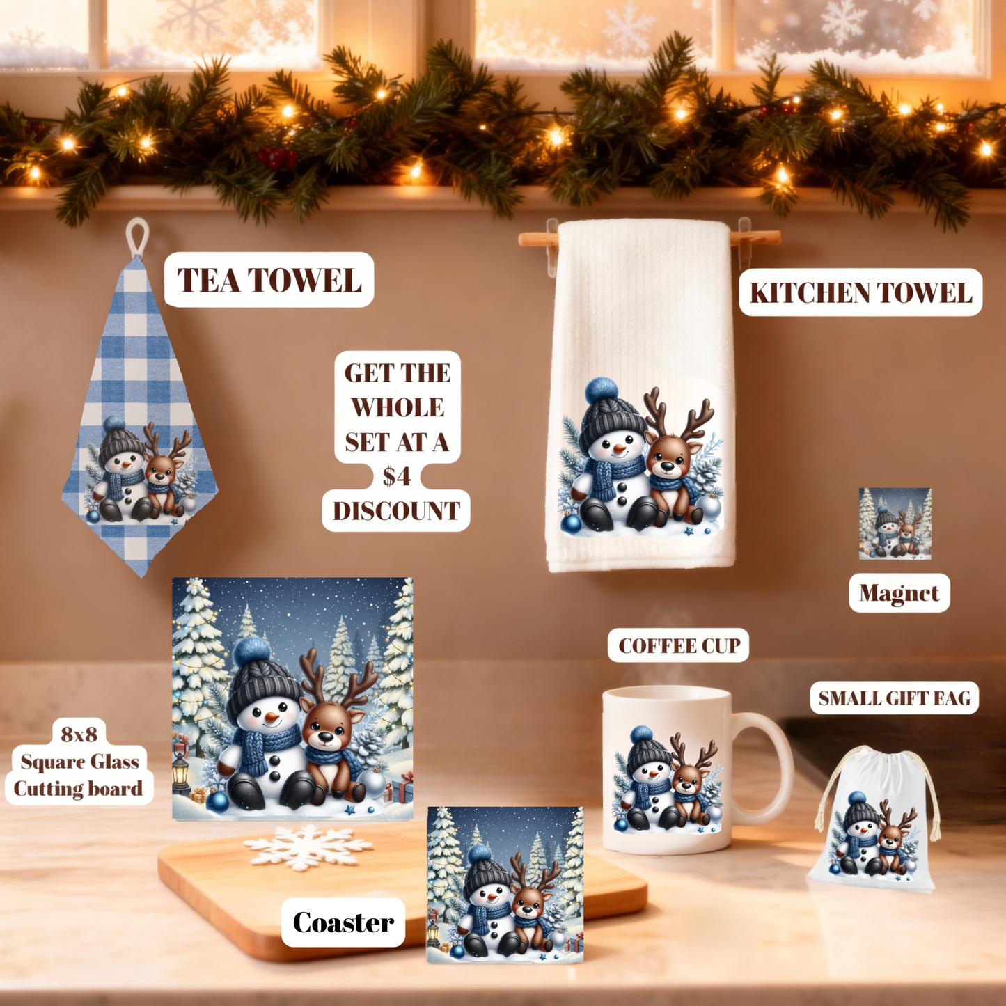 Cozy Snowman Christmas Kitchen Gift Set – Towels, 8x8 Glass Board, Mug, Magnet, Gift Bag & Coaster Set of 4