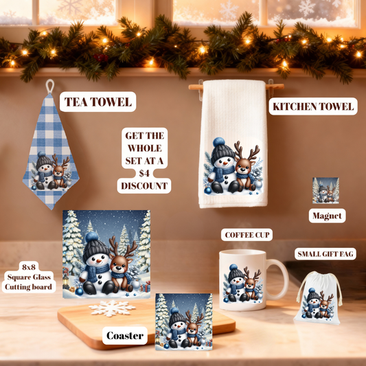 Cozy Snowman Christmas Kitchen Gift Set – Towels, 8x8 Glass Board, Mug, Magnet, Gift Bag & Coaster Set of 4